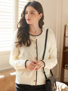 Knit Mix Elegant Women's Autumn/Winter Fashion French Style Commuter Knit Round Neck Long Sleeve Top, Contrast Trim Loose Cardigan - Apricot - View 7