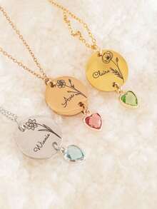 Personalized Birth Flower Necklace With Heart-Shaped Birthstone, Custom Name Engraved Pendant Gift, Suitable For Women, Mother's Birthday Gift, Christmas Jewelry, Holiday Gift, Christmas Gift, Thanksgiving Gift, Halloween Gift - Multicolor 1 - View 5