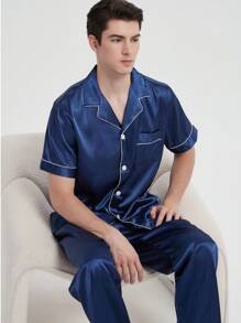 Plus Size Men's Summer Pajama Set - Casual V-Neck Short Sleeve Button-Up Top And Pants, Breathable Polyester, Machine Washable, Large