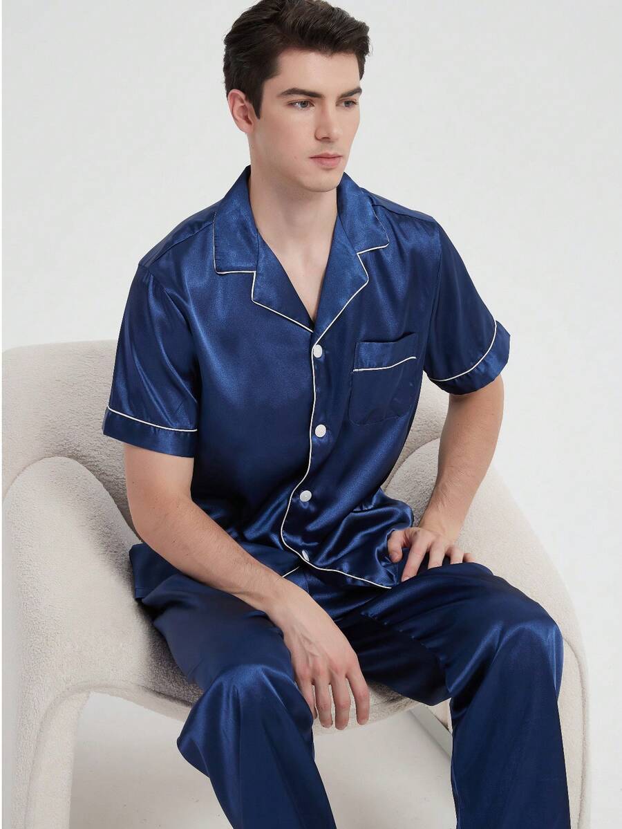 Plus Size Men's Summer Pajama Set - Casual V-Neck Short Sleeve Button-Up Top And Pants, Breathable Polyester, Machine Washable, Large