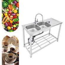 Fregadero de acero inoxidable de doble cubeta de 120 cm - grifo extraíble + encimera de almacenaje Capacidad de carga 100 kg (plata, acero inoxidable 201)