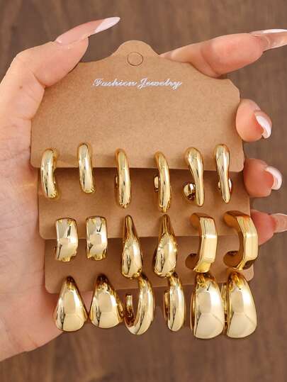 Conjunto de 9 pares de brincos de resina VU banhados a ouro em formato de C com gota d'água e dopamina para mulheres, com embalagem e papel cartão (material plástico)