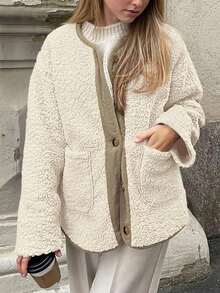 Women's Casual Color Block Pocket Fleece Jacket, Fluffy Single-Breasted Loose Regular Coat, Autumn/Winter - Apricot - View 7