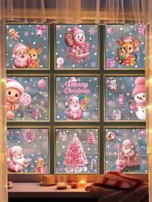 New 1 Set Of Santa Claus House And Snowflake Pattern Christmas Pink Christmas Window Stickers, Christmas Static Sticky Paper, Glass Window Decoration, Christmas, Merry Christmas Window Stickers Santa Claus Snowman Dwarf Glass Stickers, Christmas Tree Fridge Magnet Decoration, Double-Sided Window Sticker Decoration, Home Office Supplies Party Supplies - Multicolor - View 2