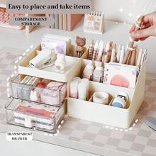 1pc White 2-Layer Drawer Desk Organizer With Pen Holder & Cute Rabbit Handle, Multi-Functional Storage Box For Stationery Or Cosmetics - Easter, Back To School Season Decor (Spring Classroom, Office, Back To School Essentials) Desk Office Supplies Office Accessories - Rectangle - View 5