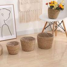 1pc Handwoven Straw Planter Basket, Wicker Plant Pot Cover For Home, Living Room Decor