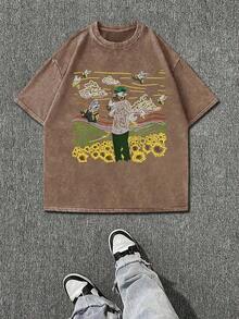 230g Washed, Photo Printed T-Shirt, High-Quality Wax Printed Cotton Retro Fashion Brand T-Shirt, Men's T-Shirt, Beach Essential, Summer T-Shirt, Holiday Gift, Perfect Gift - 咖啡色 - 查看 1