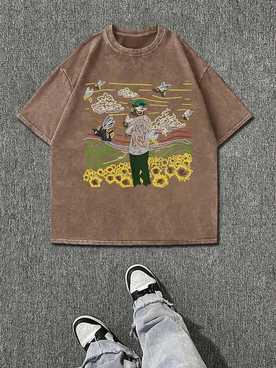 230g Washed, Photo Printed T-Shirt, High-Quality Wax Printed Cotton Retro Fashion Brand T-Shirt, Men's T-Shirt, Beach Essential, Summer T-Shirt, Holiday Gift, Perfect Gift - 咖啡色 - 查看 1