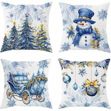 4件套圣诞枕套，雪花和蓝色树叶图案，蓝色枕套配金色点缀，树雪人冬季节日装饰家居沙发靠垫。（16英寸*16英寸，18英寸*18英寸，20英寸*20英寸） - 藍色 - 查看 2