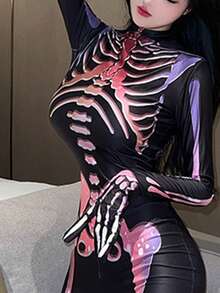 1 件女式性感骷髅服装紧身衣，适合万圣节派对、直播、角色扮演