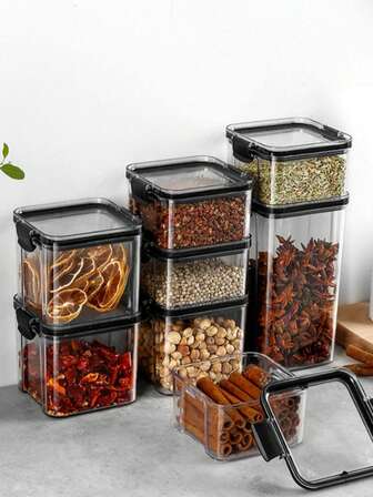 1个密封罐，透明塑料储物容器，用于存放谷物、零食、茶叶、配件，方便密封存放，防漏盖，适用于谷物、香料、茶叶、珠子和配件。注意：不可放入洗碗机清洗。