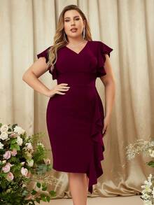 Plus V Neck Flounce Sleeve Contrast Ruffle Hem Evening Party Bodycon Dress - 紫紅色 - 查看 3