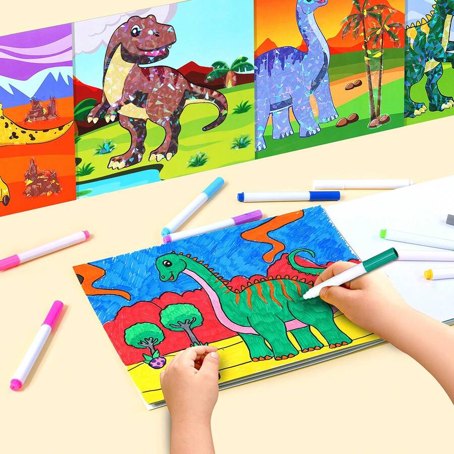 恐龙涂色贴纸书，适合3-6岁儿童，单册尺寸：25.4 x 17.8厘米。DIY恐龙拼图贴纸书，恐龙数字贴纸，早教玩具贴纸，益智涂色书，增强绘画兴趣，绘画礼物，返校礼物，圣诞礼物，儿童派对奖励，儿童礼物。