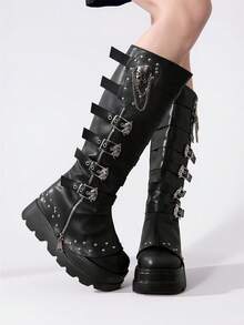 Women's Punk Thick-Soled Knee High Boots Wedge Heel Side Zipper Shoes Belt Buckle With Skull Chain Rivet Decor Fashionable Fall Boots - 黑色 - 查看 2