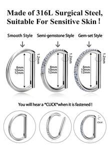Aro para la nariz de 16G con forma de D, joyería de perforación de acero inoxidable, disponible con circonita cúbica facetada. Adecuado para el septo nasal, la nariz, el pabellón auricular, el hélix, los pendientes de cartílago y los anillos para el pezón. Adecuado para que las mujeres lo usen a diario, en fiestas, vacaciones, trajes de baño, tomar el sol, bares, bailes, reuniones, el Día de San Valentín