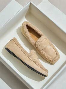 女装时尚2025秋冬新品保暖内衬保暖软底通勤平底棕黑色方头一脚蹬舒适百搭仿羊毛休闲复古乐福鞋