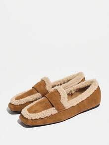 女装时尚2025秋冬新款毛绒保暖软底通勤平底棕黑色方头一脚蹬舒适百搭仿羊毛休闲复古乐福鞋 - 棕色 - 查看 7