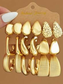 6-18pcs Geometric Textured Teardrop Golden Fashion Bohemian Style Earrings, Suitable As Gifts For Family And Friends For Holidays (Paper Card Packaging) - Gold - View 3