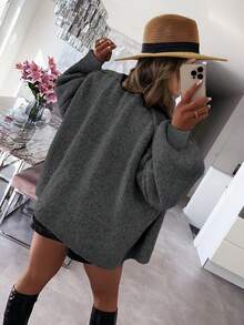 Damen lässige, weite cremefarbene Gelb Homecoming Basic Strickjacke, geeignet für den Alltag, Teegesellschaft, Reisen, Herbst/Winter - Dunkelgrau - Übersicht 5