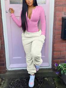 Women's Button-Up Long Sleeve Ribbed Fitted Jumpsuit, Versatile For Casual Everyday Wear, Spring & Autumn - Pink - View 4