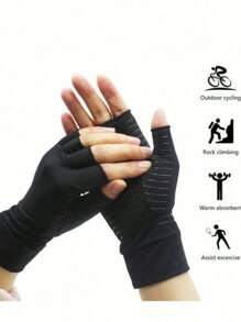 Mikrotryckshandskar, silikonhalksäker kopparjonhandskar, halvfingerhandskar för kvinnor och män för skrivning, fitness, cykling, utomhusaktiviteter, rehabiliteringsterapi. - Svart - Visa 4