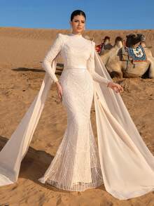 Faeriesty Langärmeliges Abendkleid mit Stehkragen, fließendem Cape und Fischschwanzsaum - geeignet für Galas, rote Teppiche, Hochzeiten, formelle Abendessen und andere formelle Anlässe - Champagnerfarben - Übersicht 5