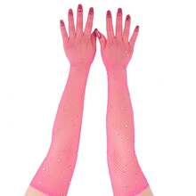 Fashionable Rhinestone Shiny Mesh Clubbing Sexy Black Fishnet Elastic Rhinestone Gloves, Suitable For Halloween & Carnival