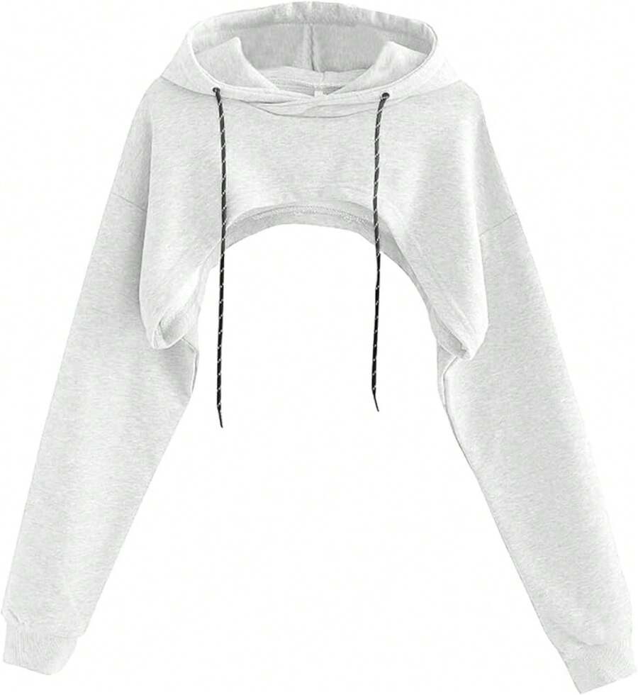 Women Crop Top Pullover Sweatshirt Long Sleeve Drawstring Hoodie - 白色 - 查看 1