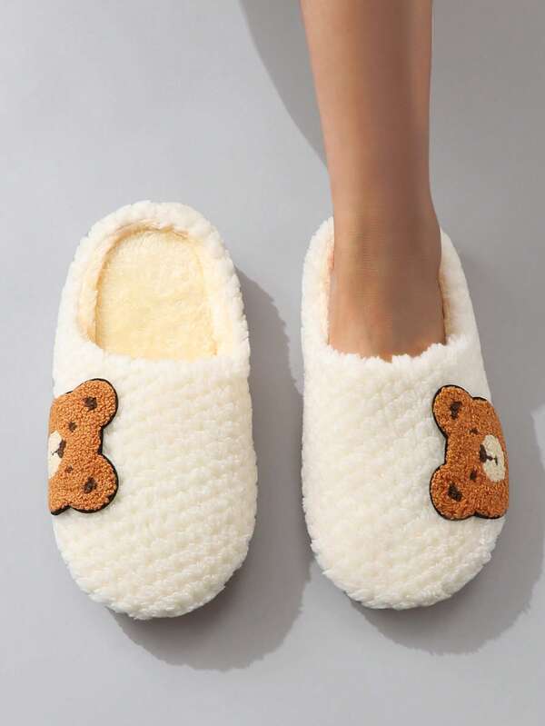 Herbst/Winter süße Cartoon-Stickerei Bär Plüsch Soft-Sohle Hausschuhe für Frauen, leise Hausschuhe für Innenräume