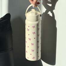 800ml Pink Insulated Water Bottle With Cute Bow And Heart Print - 304 Stainless Steel Coffee Cup With Portable Handle And Foldable Straw, Perfect Gift For Women, Sisters, And Girlfriends For Valentine's Day, Christmas, Back To School And New Year