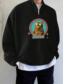 Bluza męska w dużym rozmiarze, z nadrukiem zabawnego kota, możliwość dodania tekstu i obrazów, luźna bluza z zamkiem błyskawicznym do połowy, idealna na jesień/zimę, z długim rękawem - Czarne - Zobacz 2