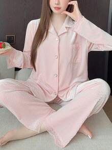 2pcs Pink Jacquard Velvet Sleepwear Set For Women, Lace Patchwork Lapel Collar Loungewear, Autumn/Winter, Fall Clothes