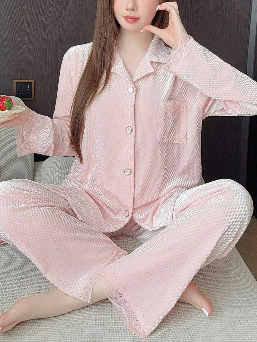 2pcs Pink Jacquard Velvet Sleepwear Set For Women, Lace Patchwork Lapel Collar Loungewear, Autumn/Winter, Fall Clothes