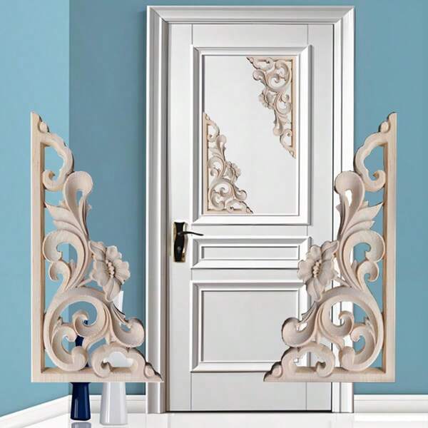 2pcs Unfinished Wooden Carved Applique With Intricate Relief Pattern, Suitable For Decorating Cabinets, Doors, Windows, Fireplaces, Walls, Furniture, Backsplashes, DIY Decoration