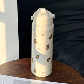 בקבוק מים מבודד מפלדת אל-חלד עם הדפס דוב 800 מ"ל - נייד עם ידית ומכסה, מושלם למשקאות חמים וקרים, מתנה אידיאלית ליום האהבה, חג המולד, חתונות, חזרה לבית הספר, חג ההודיה וימי הולדת - כוס קפה קלה לניקוי