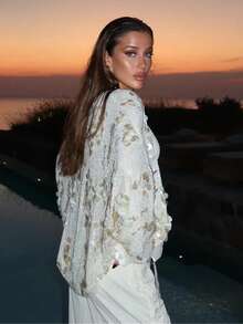 Women Sequin Wrap Tie Front Crochet Knitted Cardigan Y2K Sparkly Oversized Blouse Sheer Mesh Jacket Lace Up Glitter Coats For Concert Party Summer Beachwear Swimsuit Cover Ups - 白色 - 查看 4