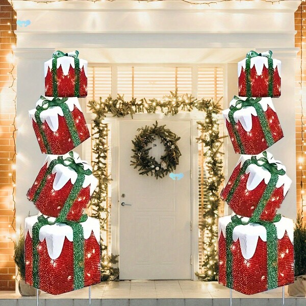 VINCAN 4pcs 2D Red Gift Box Set For Halloween & Christmas - 2D Flat Christmas Gift Box Yard Sign,Candy Cane Theme, No Power Needed, Outdoor Decor,Christmas Decorations,Christmas Decor Home,Christmas Decorations For Home,Christmas Decoration