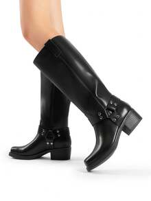 Women's Square Toe Motorcycle Knee High Boots Riding Pull-On Fashion Chunky Low Heel Buckle Decorated Long Boots For Women