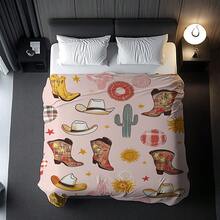 Retro Western Cowboy Theme, Cowboy Boots, Cowboy Hats, Cacti, Feather Design Patterns, Modern Home Style,Super Soft Flannel Printed  Blanket,As Birthday Gifts, Family, Wedding, Souvenir Blankets, Polyester Blankets Suitable For All Seasons, Washable, Machine Washable, Lightweight, Breathable, Comfortable, Warm, Unique, 280gsm For Him, Her Personalized Ideal Gifts For Her, Him, Family, Boyfriend, Girlfriend, Father, Family, Mother, Lover, Daughter, Son, Grandfather, Grandmother, Teacher,Doctor, Nurse,Friend, Classmate, Pet.Perfect Nap, Camping, Travel, Home, Daily Life, Office Decoration, Birthday, Anniversary, Valentine's Day, Thanksgiving, Graduation Season,Christmas, Halloween, Mother's Day, Father's Day, Wedding, New Year Gifts ,Sofa,Bed,Car,Bedroom,Living Room,Office,  Outdoor Camping, Beach,Wall Decoration - 多色3 - 查看 3