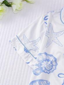 2pcs/Set White Background Blue Shell Print Plus Size Sleepwear Set For Women, Short Sleeve Collared Button Soft Top And Loose Elastic Shorts, Beautiful Stylish Everyday/Pajama/Party Outfit, Comfy Home & Outdoor Casual Loungewear - Blue and White - View 4