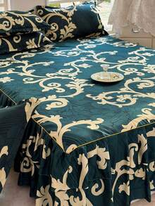 3pcs Bedskirt Set (1 Bedskirt + 2 Pillowcases), Floral Pattern, Soft & Skin-Friendly, Suitable For Bedroom, All Season - Green - View 6