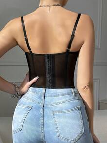 Lace Bustier Corset | Mesh Insert Spaghetti Straps Slim Fit Top - 黑色 - 查看 3