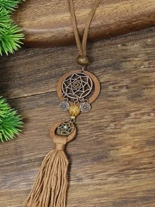 1 件波西米亚捕梦网木串珠流苏长项链、吊坠配饰 - 咖啡棕 - 查看 2