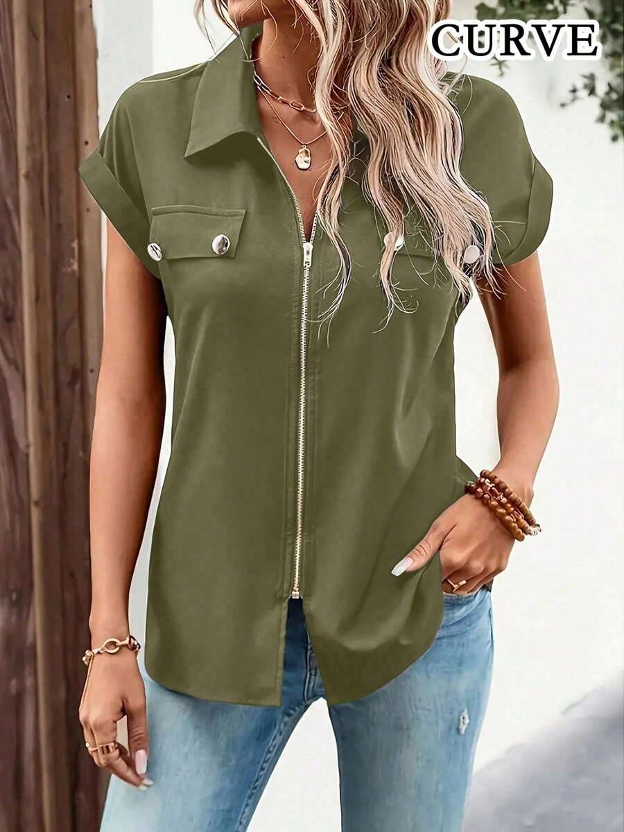 女士拉链纽扣翻领休闲衬衫 - 軍綠色 - 查看 1