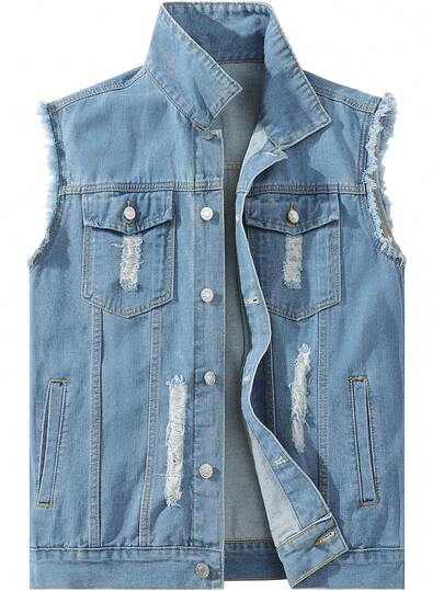 Light Blue Denim Vest, Casual Denim Jacket For Men, Spring/Autumn