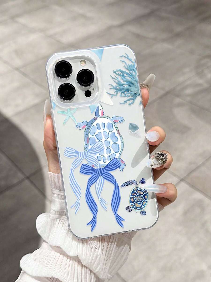 Funda de teléfono de alta calidad con acabado brillante, diseño de tortuga marina azul y lazo, compatible con Apple 16 Pro Max, 14, 13, 12, 11 Pro Max, XS Max, XR, Plus, puede usarse como regalo de cumpleaños, para novia, novio o para uso personal