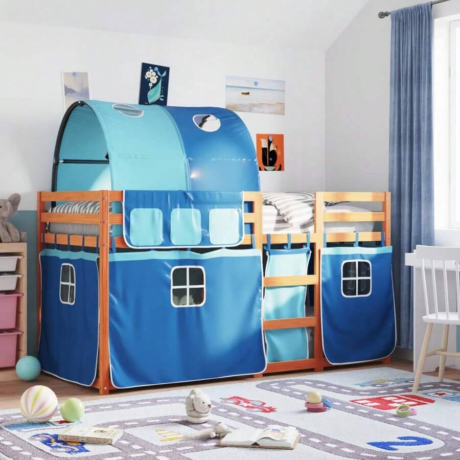 vidaXL Etagenbett Mit Vorhängen Blau 75x190 Cm Massivholz Kiefer - Blue - View 1