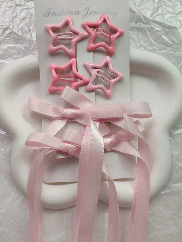 6pcs/Set Women's Hair Accessories Star & Bow Decor Set, Ballet Style Bow Ribbon Hair Clips, Pigtail Ribbons, Fairy Sweet Bow Hair Clips, Suitable For Daily Use, Cute, Hairstyling Set, Claw Clips, Hair Clamps, Hair Slide, Fall Fashion, Autumn, Winter Outfit For Women, Gifts, Bows