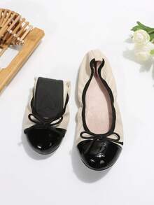 1 双女式轻便柔软舒适户外休闲平底步行鞋，时尚拼布蝴蝶结一脚蹬平底鞋，便携平底鞋