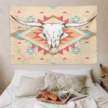 1pc Western Bohemian Cow Head Bone Tapestry - Rustic Farmhouse Wall Decor With Geometric Patterns, Polyester Fabric, Perfect For Living Room Or Bedroom, Bedroom Wall Decor|Rustic Farmhouse Style|Polyester Tapestry, Cow Decor - Màu sắc hình ảnh - Xem 1